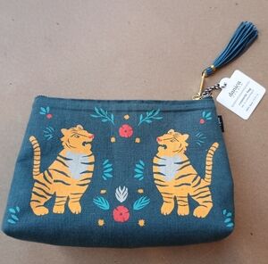 Danica Designs Teal Tiger Linen Zipper Pouch Cosmetics Bag
